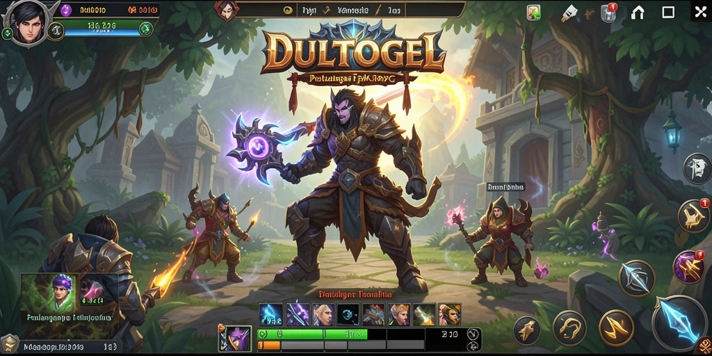 Tangkapan layar utama dari gameplay <strong>DULTOGEL</strong> menunjukkan pertempuran epik di dunia fantasi.