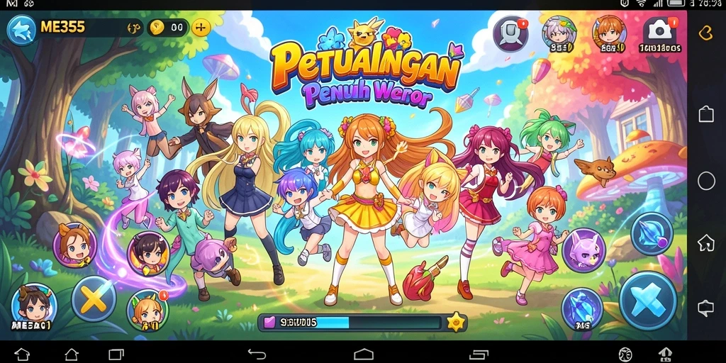 Screenshot dari gameplay ME355 yang penuh aksi dan warna-warni.