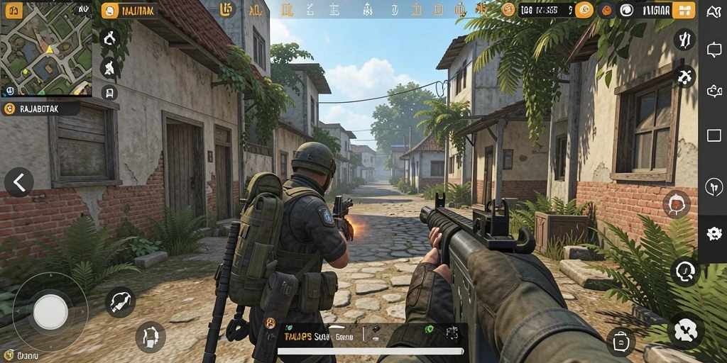 Tangkapan layar gameplay RAJABOTAK menunjukkan aksi tembak-menembak yang intens.