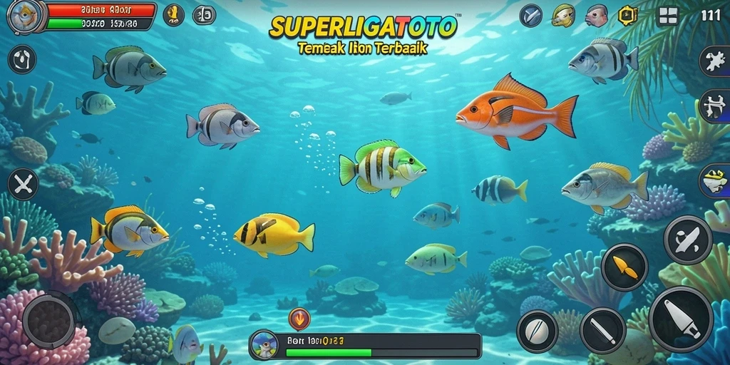 Tangkapan layar SUPERLIGATOTO yang menampilkan aksi Tembak Ikan yang seru.