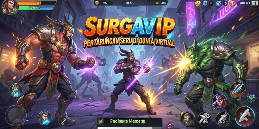 Gambaran gameplay SURGAVIP dengan pertarungan seru dan karakter unik.