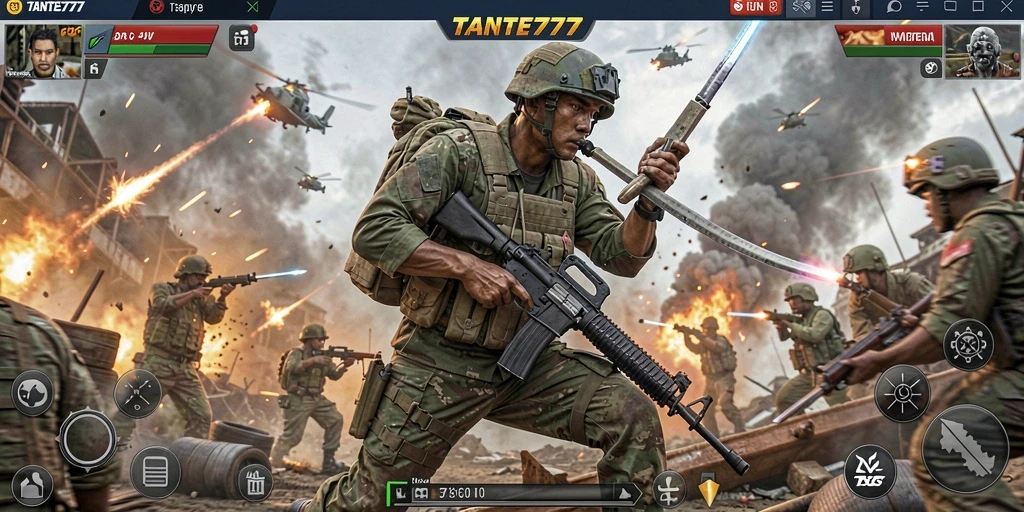 Tampilan screenshot utama TANTE777 yang menampilkan aksi gameplay TPS.